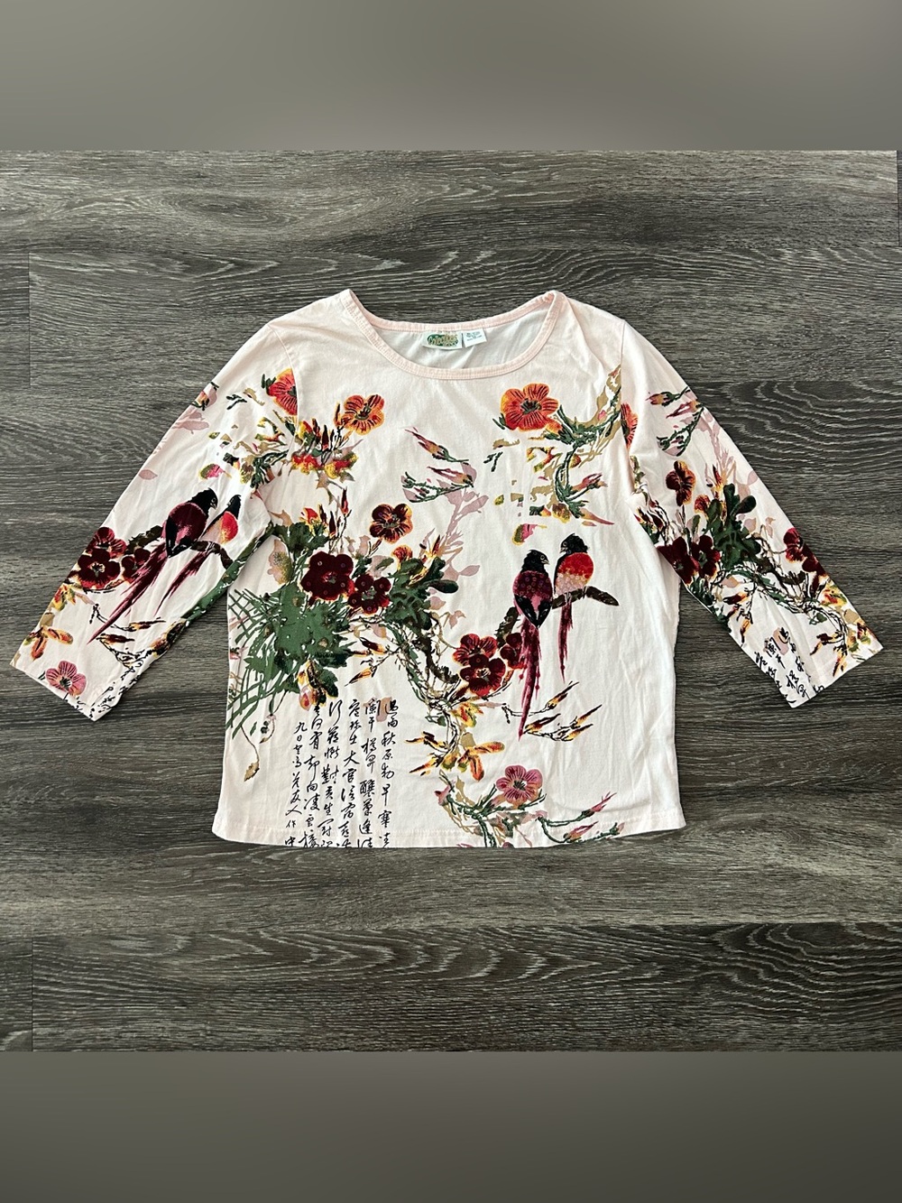 Collections Etc Japanese Love Birds Sequined Floral Cotton Top Size M Y2K Asian